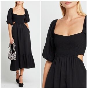 O.P.T. Leighton Black Puff Sleeve Smocked Cutout Midi Dress Tencel Flax XS